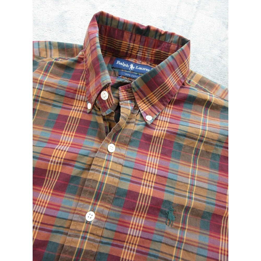 Vintage Ralph Lauren Men's 15.5 Shirt Plaid Red Green Long Sleeve Buttoned Down